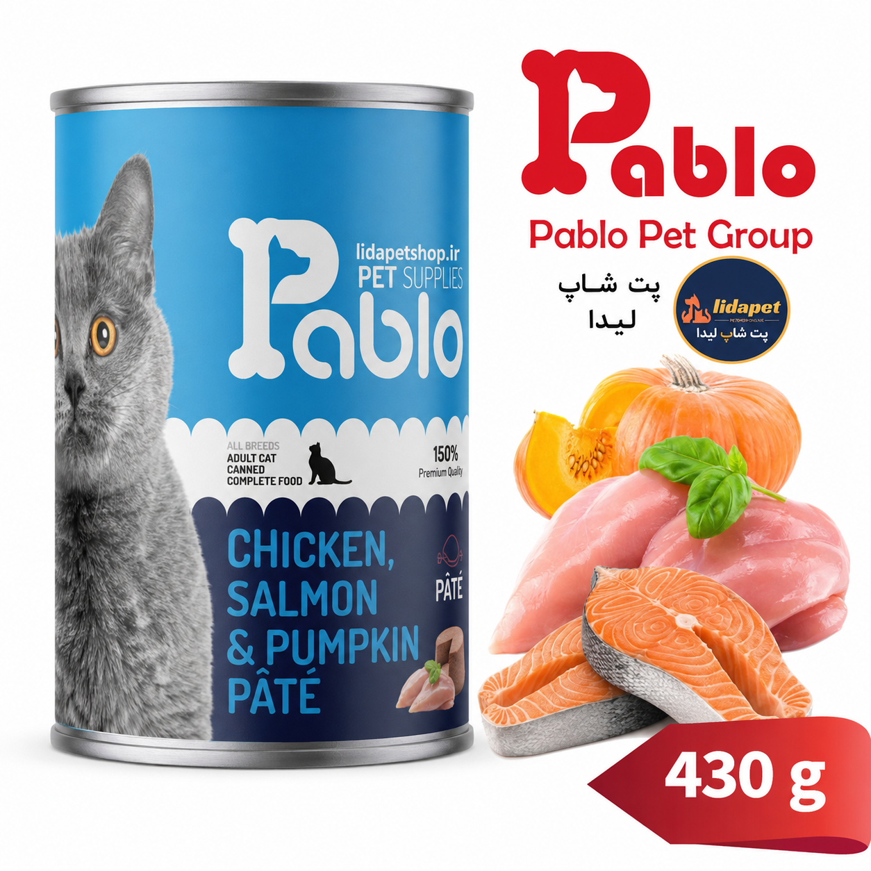 کنسرو پته گربه بالغ پابلو مرغ سالمون و کدوتنبل 430 گرم